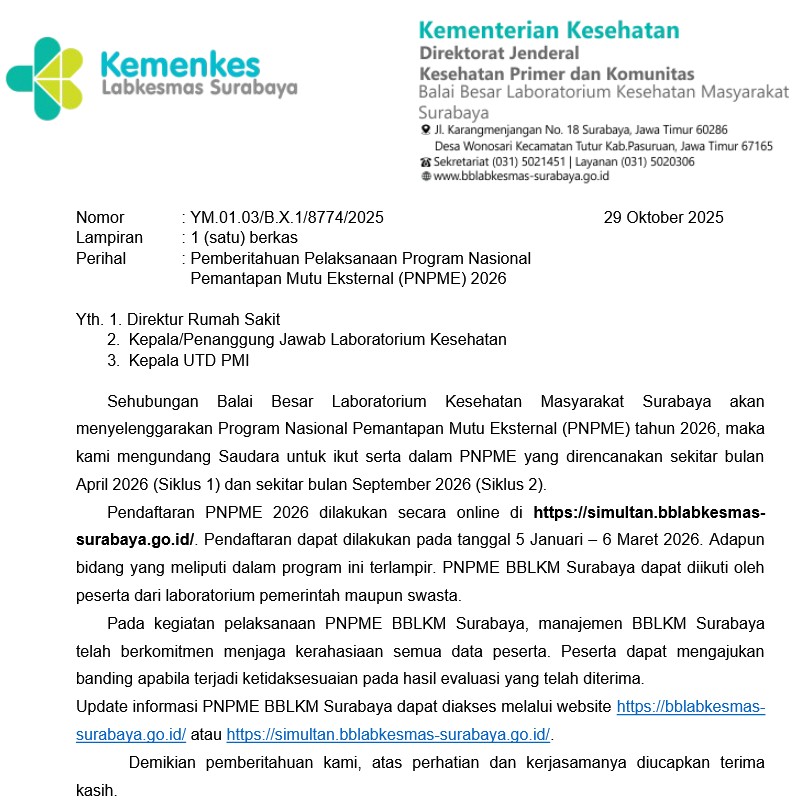 PENGUMUMAN: Pelaksanaan Program Nasional Pemantapan Mutu Eksternal (PNPME) Tahun 2026
